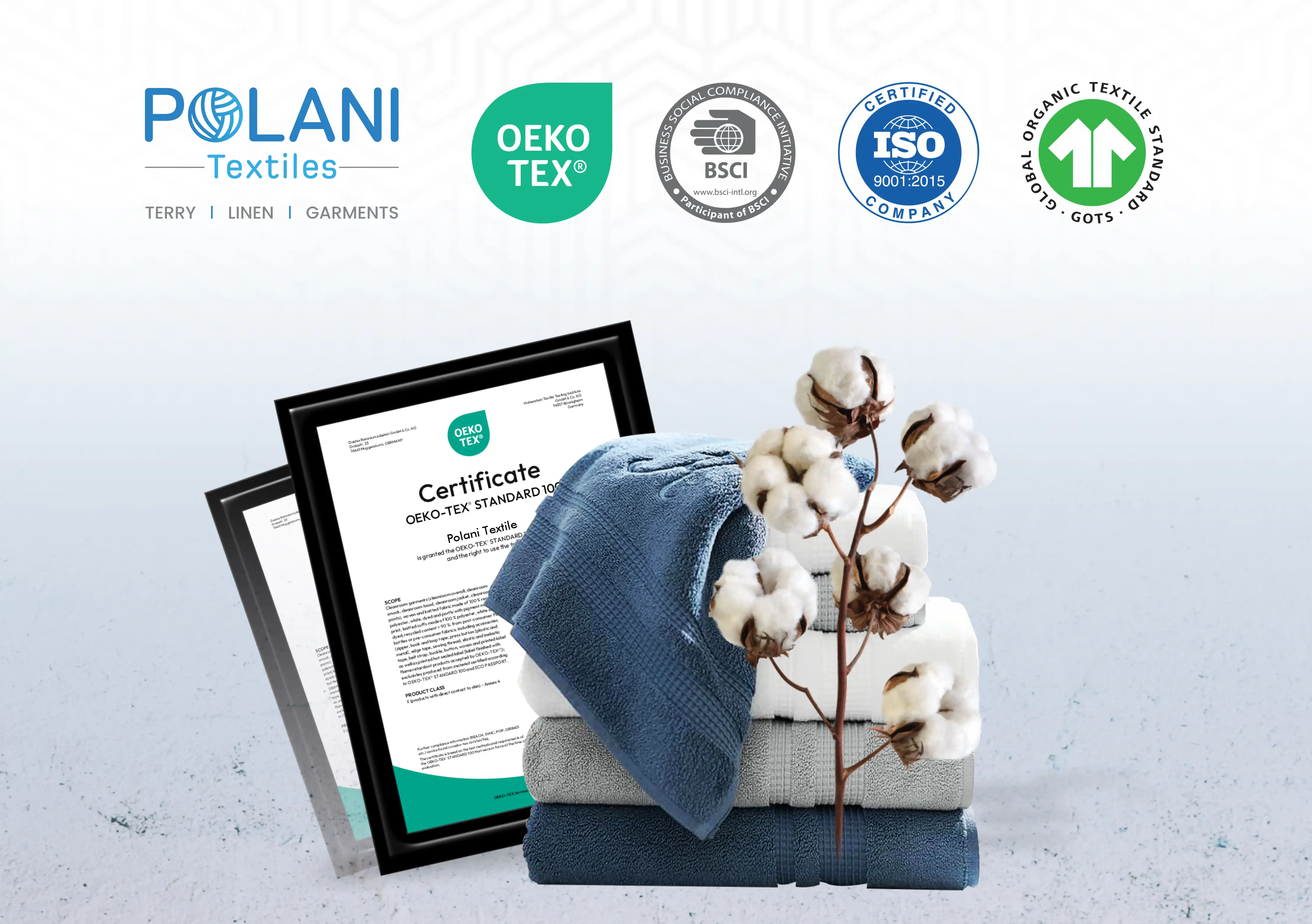 Polani textiles logo with towels and certifications